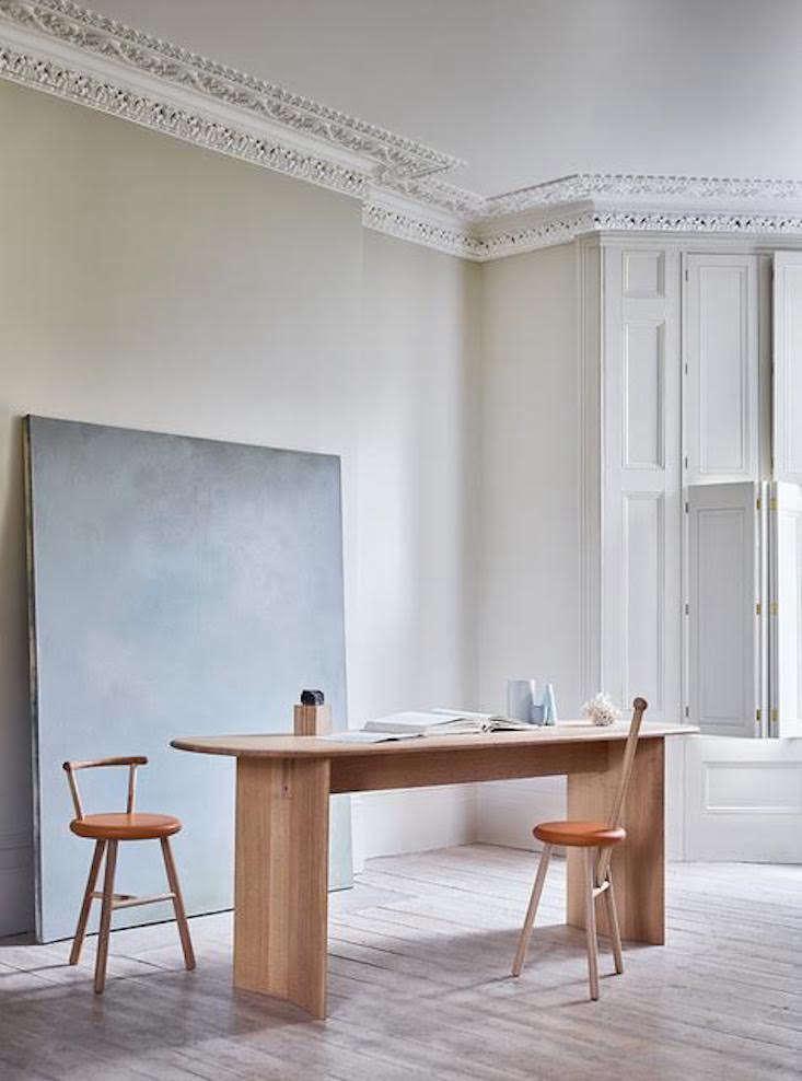 The Portion Desk ( £3,700) is made from quarter-sawn oak with “legs made from sheets of solid oak, with a subtle break in the ‘spine, ’ like an open book.”