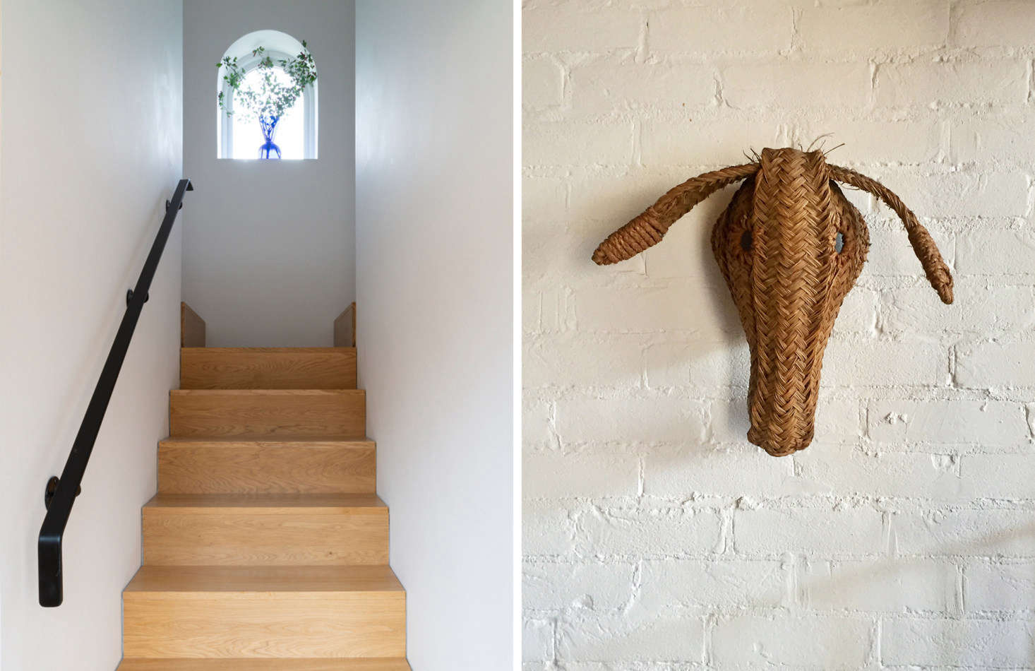 Above L: Oak stairs in the addition lead to two bedrooms and a bath. Above R: Sandy’s “Donkey Oatey” came from Paul’s Emporium in Islington, one of her favorite London antiques haunts. Right photograph by Sandy Suffield.