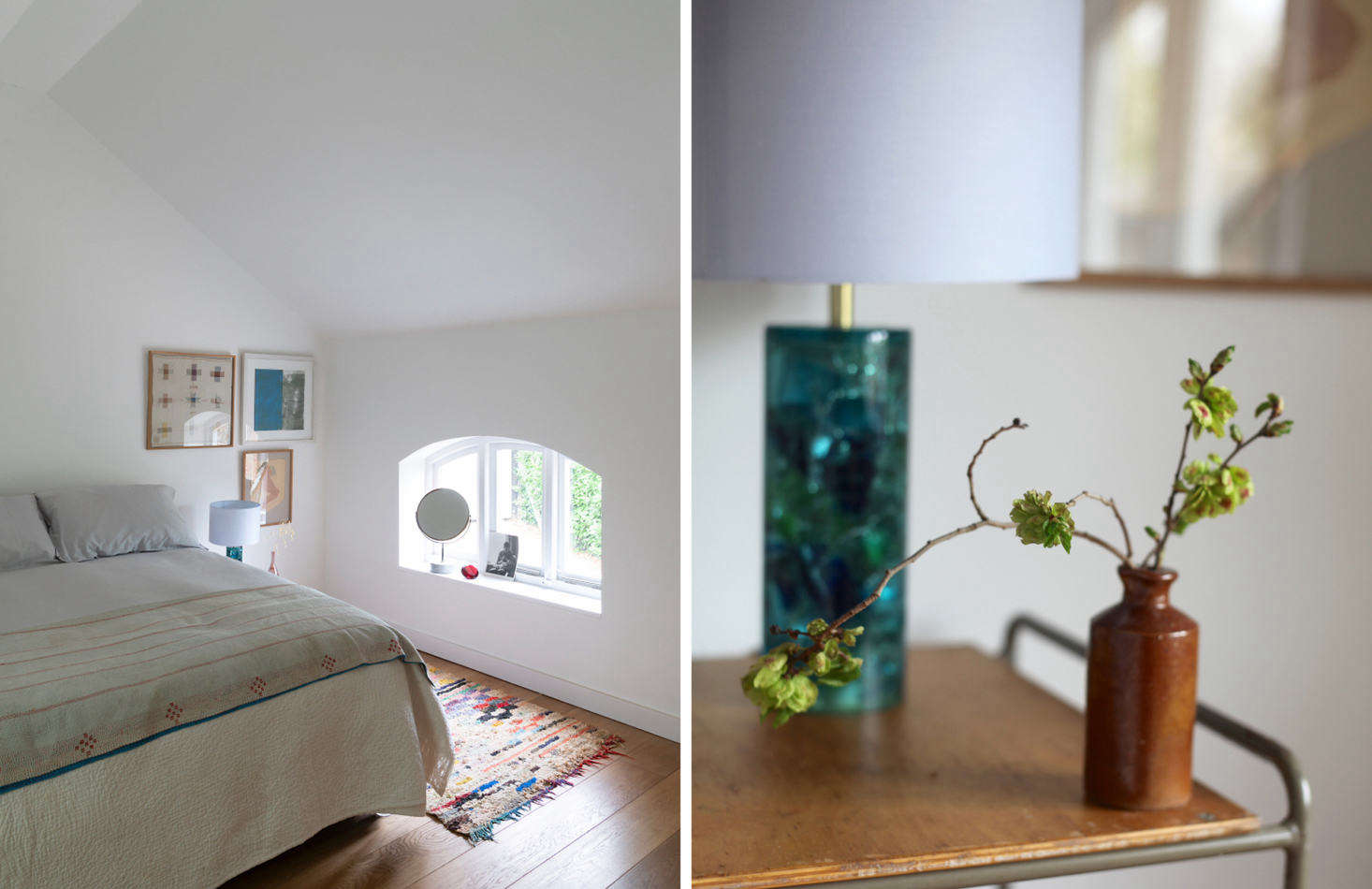 Above L: Bedroom Two has a peaked ceiling and arched window. Above R: Sandy describes the bedside lights as “1960s crushed ice Shatterline style.” Right photograph by Sandy Suffield.