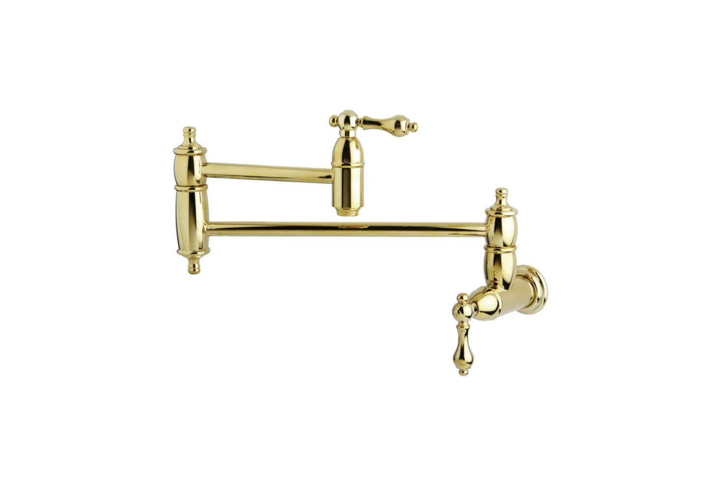 The Kingston Brass Wall-Mount Pot Filler Kitchen Faucet (KS3102AL), shown in Polished Brass but also available in three other finishes, is $449.95 at Kingston Brass.
