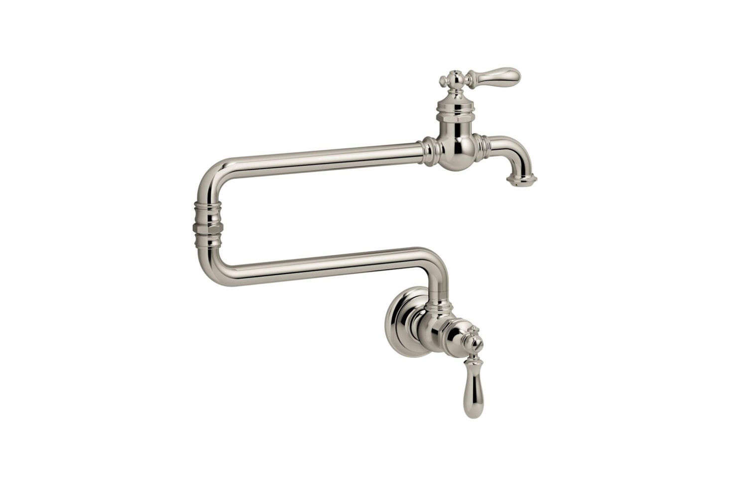 The Kohler Artifacts 2-Handle Wall-Mounted Pot Filler Faucet (K-99270) comes in four finishes for $771.15 at Kohler.