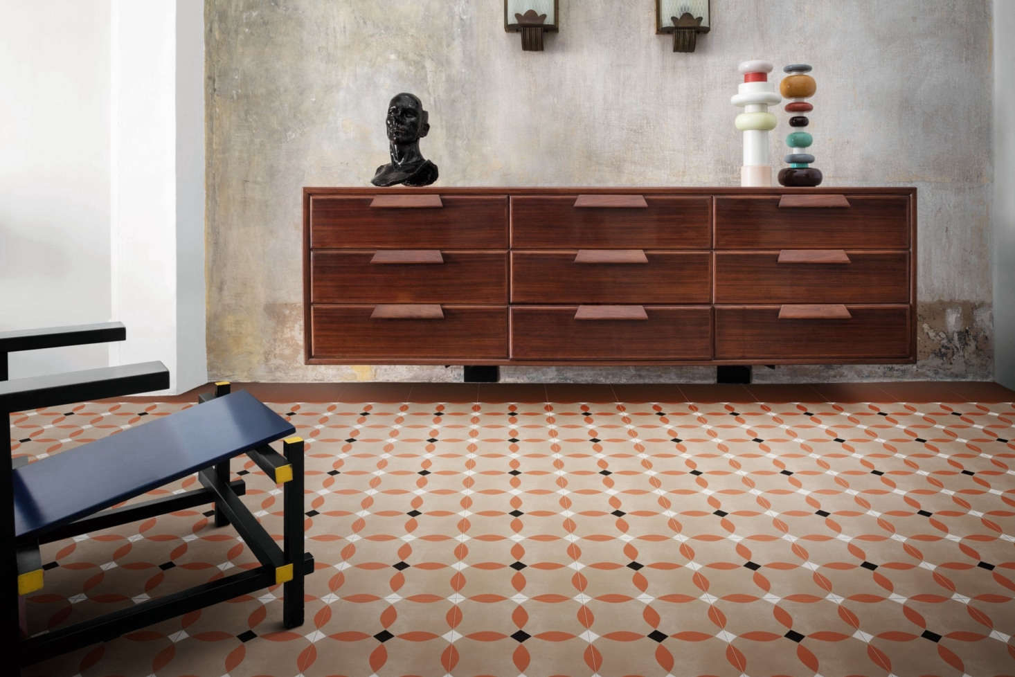 The D_Segni Colore tile by Marazzi is a cement-look tile in dusty terracotta hues.