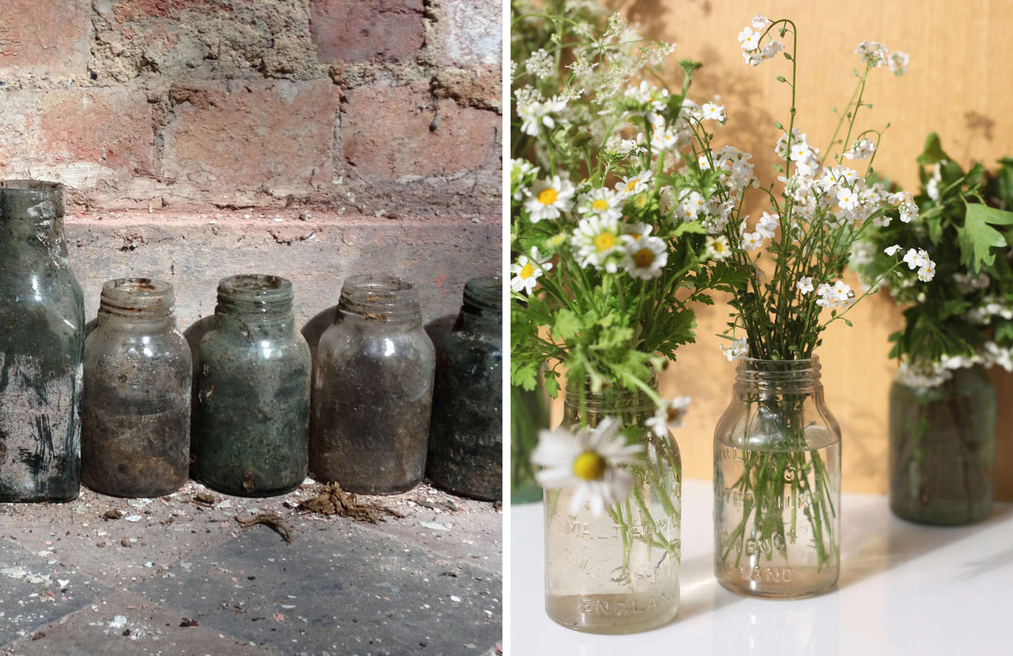 School milk bottles as found (L) and cleaned up (R). Photographs by Sandy Suffield.
