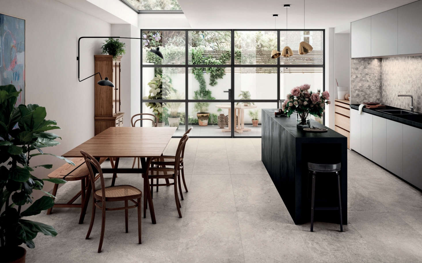 The natural-looking Freedom tile, designed by Ceramiche Piemme to look like Hauteville limestone, is actually the product of modern digital technologies, and is available in 3D iterations for wall applications as well.