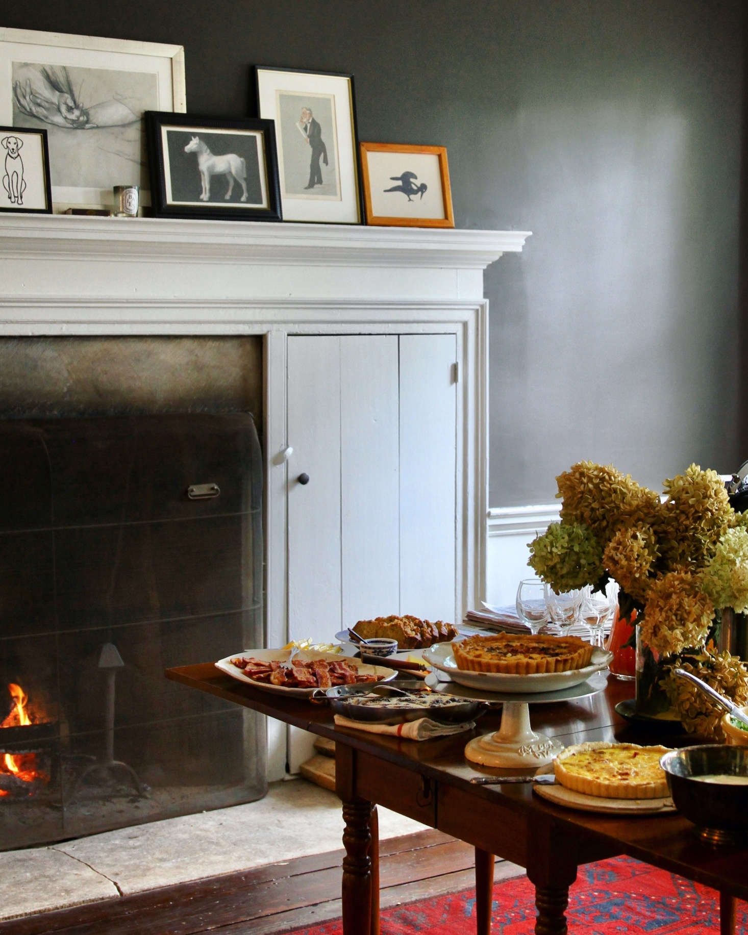 The breakfast spread in the dining room, where the walls are painted Benjamin Moore’s Willow. “Both Frank and I cook breakfast. We offer a small menu of made-to-order items on days when we have fewer guests. When full, we provide a pretty lavish breakfast buffet, so everyone can serve themselves at their leisure,” says Scott.