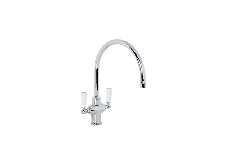 Lefroy Brooks’ WL-1500 Faucet has white ceramic levers and comes in Antique Gold.