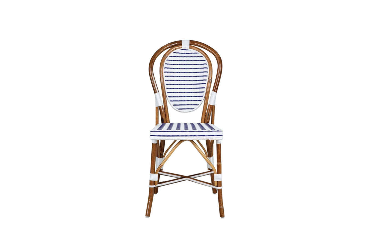 Maison Midi’s White and Blue Mediterranean Bistro Chair has a classic bentwood hairpin silhouette. It’s made in Italy of rattan and synthetic fiber; $295.95.