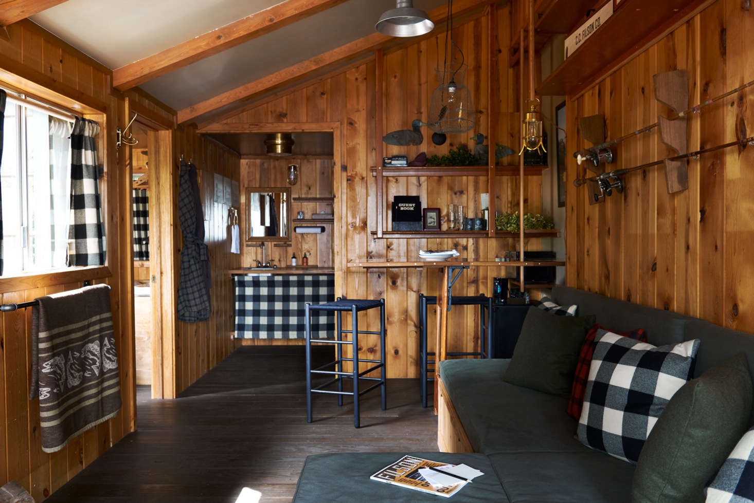 The sitting area of the Filson-decorated cabin.