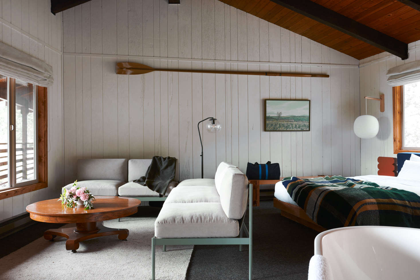 Across the street are suites, each with a private bathroom and lagoon views. This part of the inn was added in the 70s. The lagoon rooms feature custom furniture by John Gnorski, cashmere goat hair carpeting, and hand-woven blankets by Hannah Ruth Levi.
