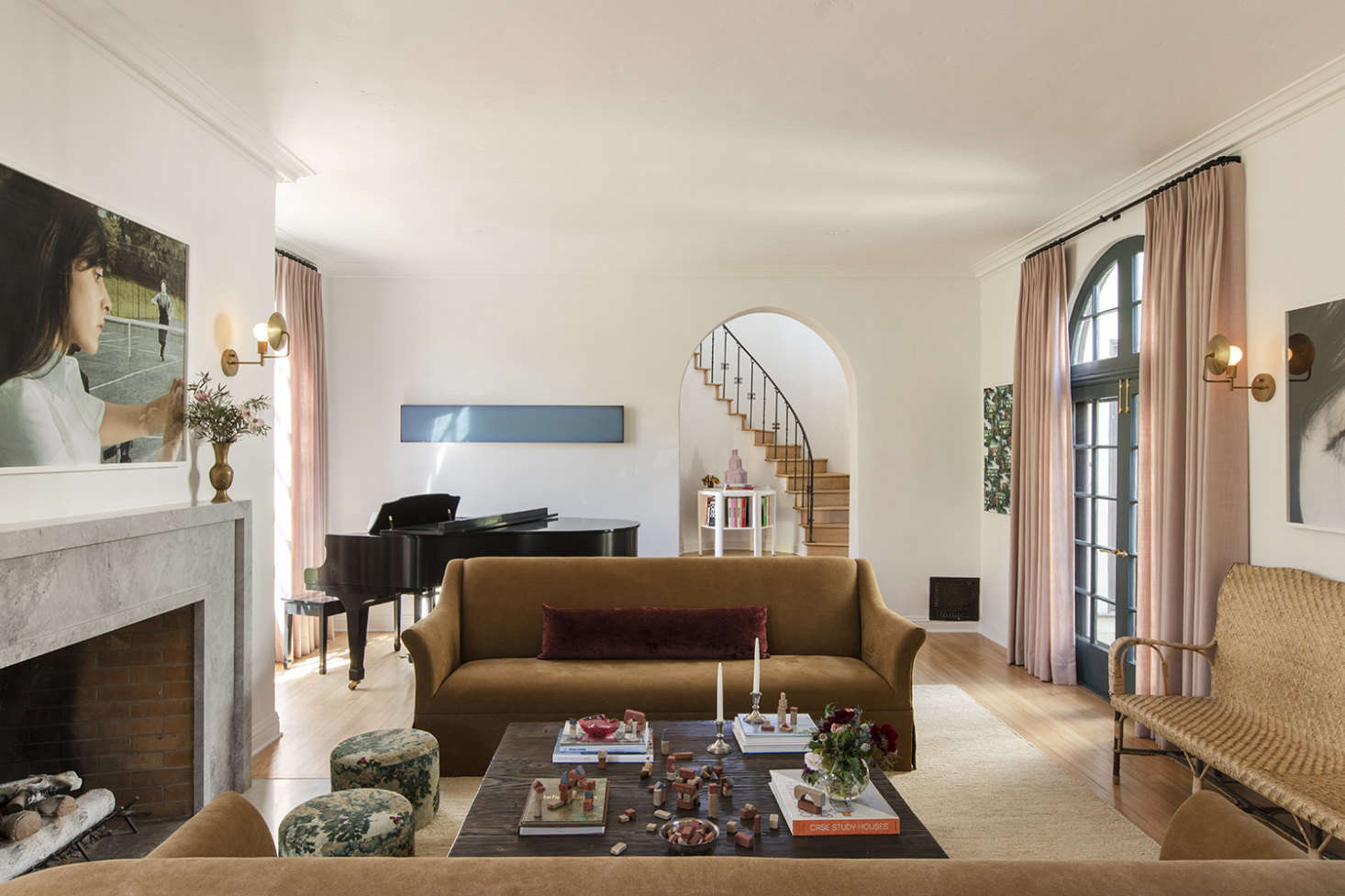 The living room doubles as the music room: there