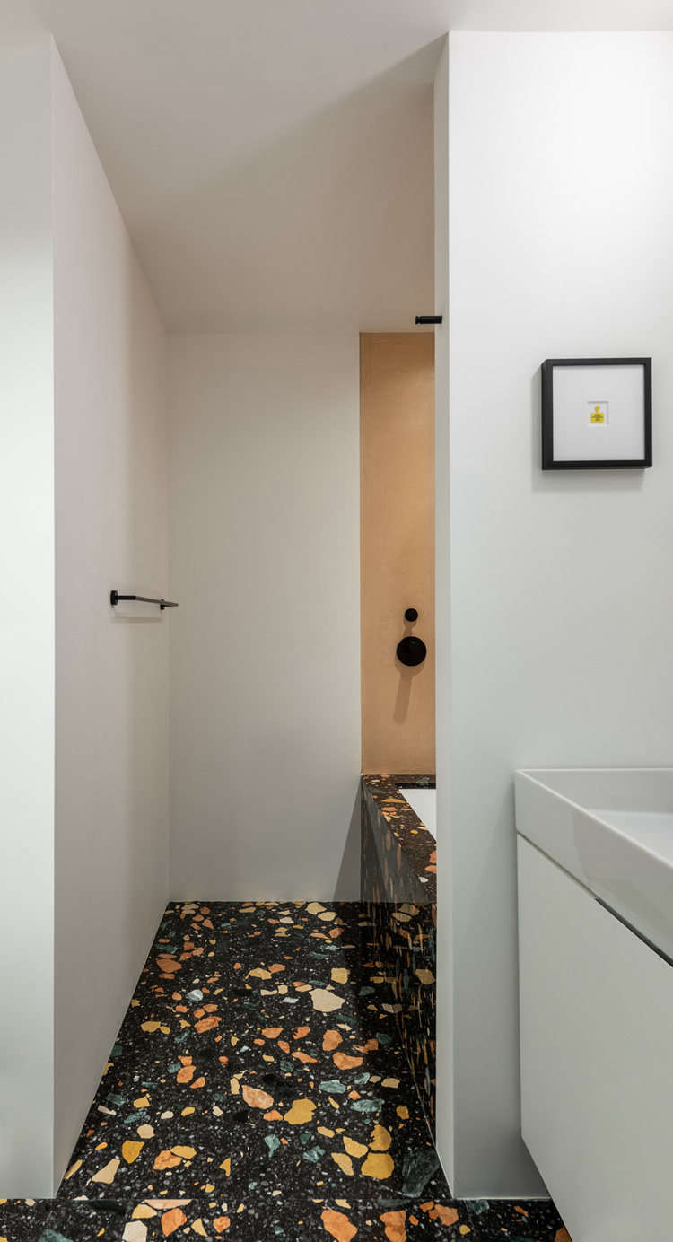 Marmoreal, an engineered marble by British designer Max Lamb, is a bold addition to the bathroom.