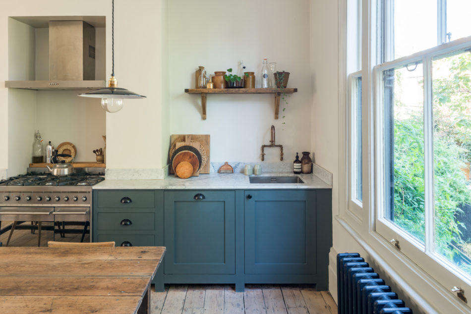 The kitchen cabinets are painted Farrow & Ball