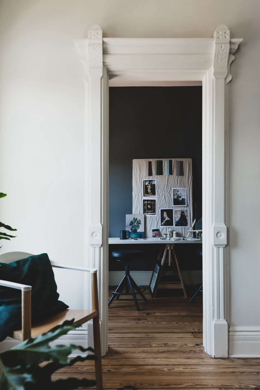 The small space off the bedroom—where Benjamin Moore Arctic Seal puts in another appearance—is now Andrea
