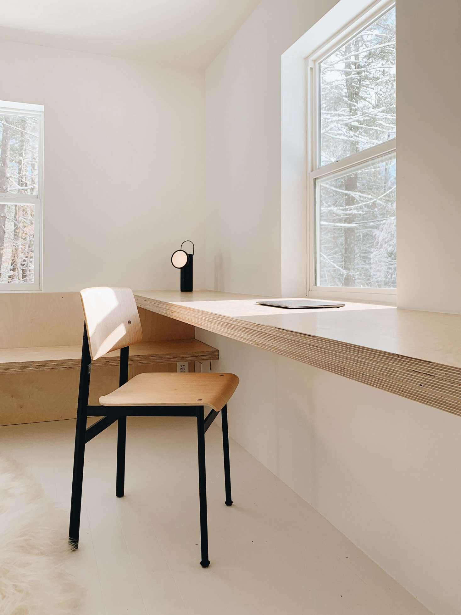 Bring work with you: the room has a built-in desk and a Muuto Loft Chair—for others like it, see Top of the Class: Vintage-Style School Chairs are Having a Moment.