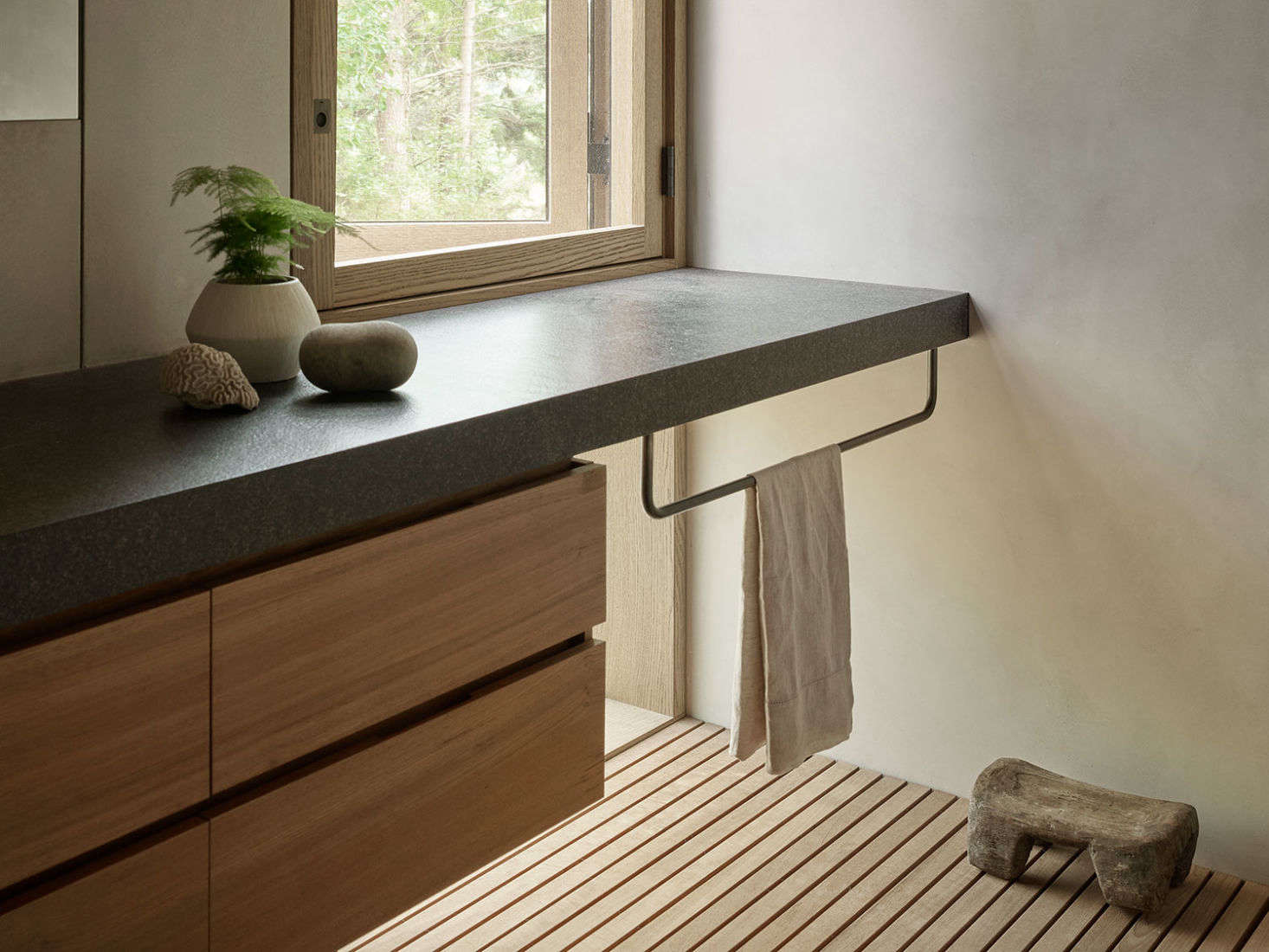 The floating vanity in the bathroom.