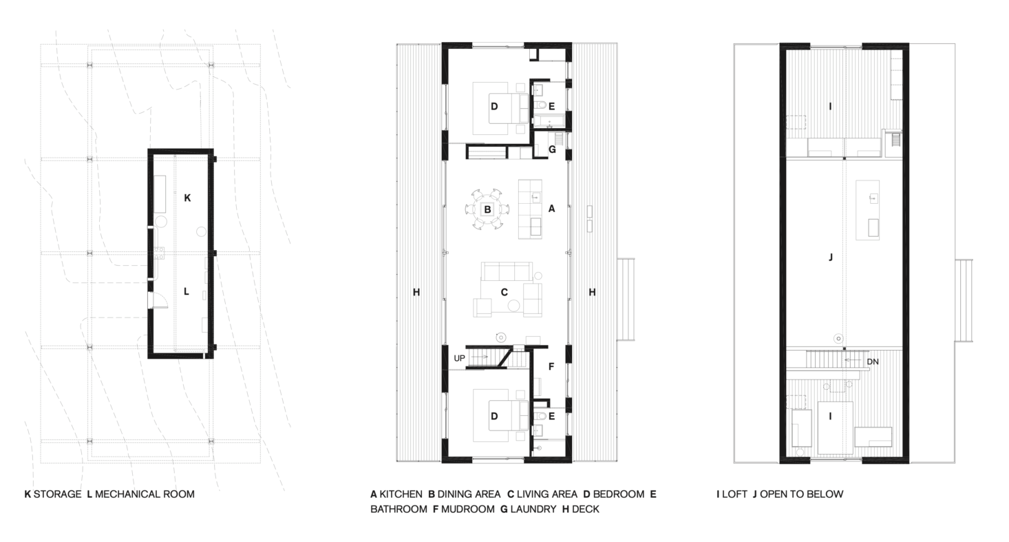 The floor plans detail the basement mechanical room, the longhouse layout of the main floor, and the two lofts (the one on the north end has an en suite bath).