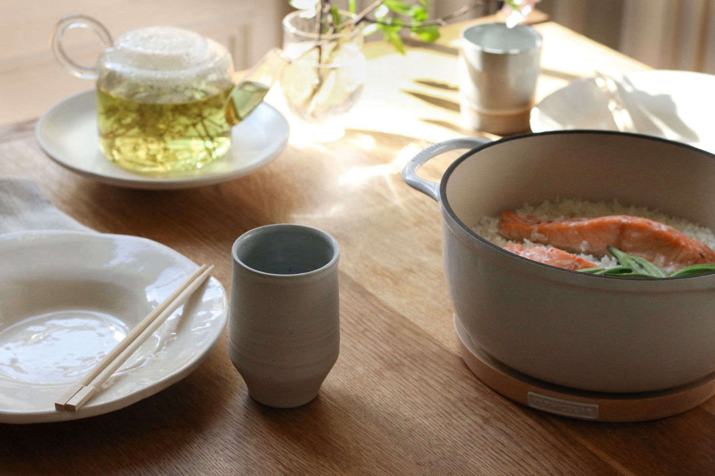 The joy of one-pot cooking: a full lunch (starch, vegetable, and protein included) easily cooked and served in one go.