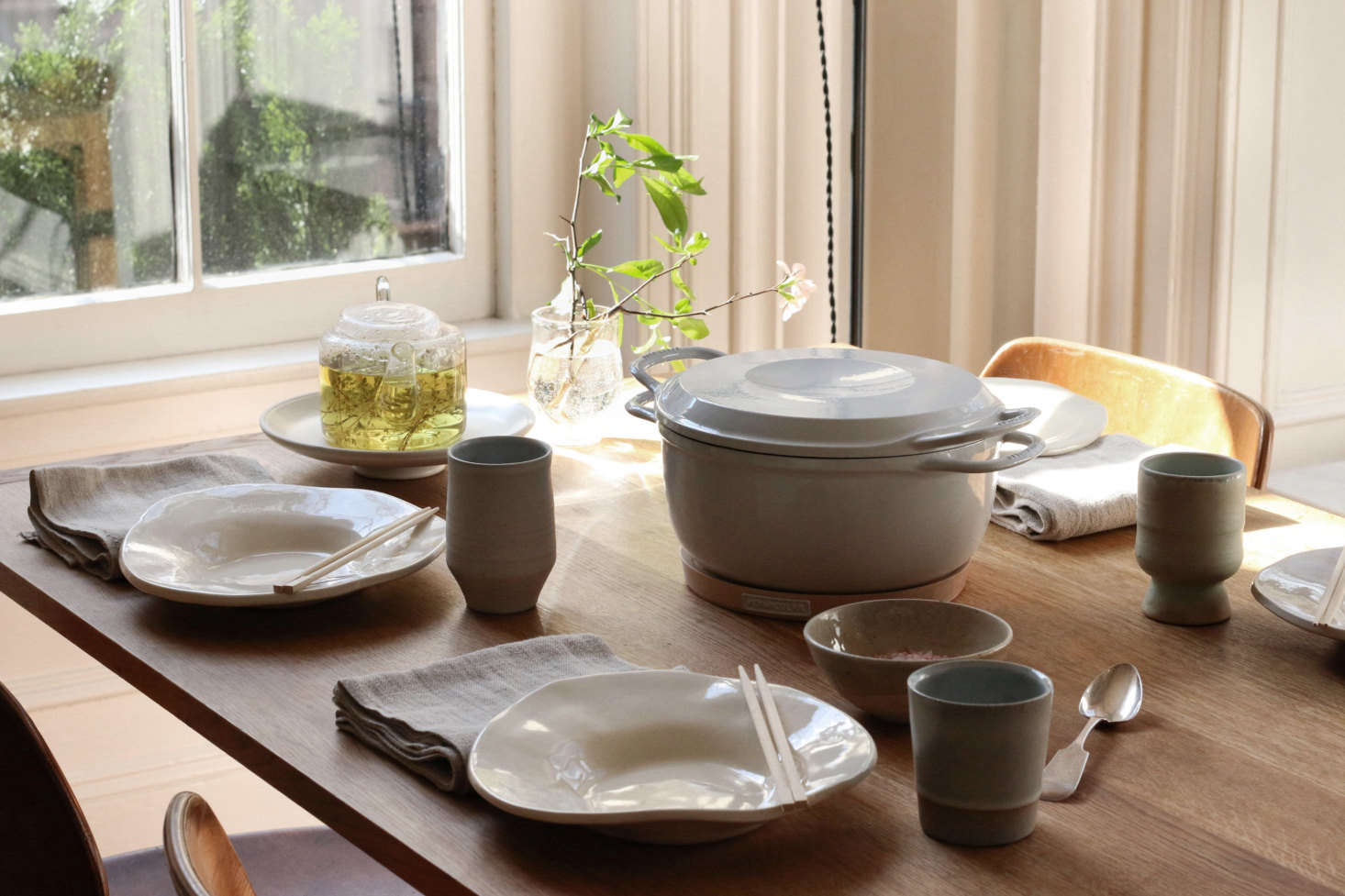 The table set for lunch. The Classic Dinner Plates in gloss white are by Chico, CA-based ceramicist Alex Marshall.