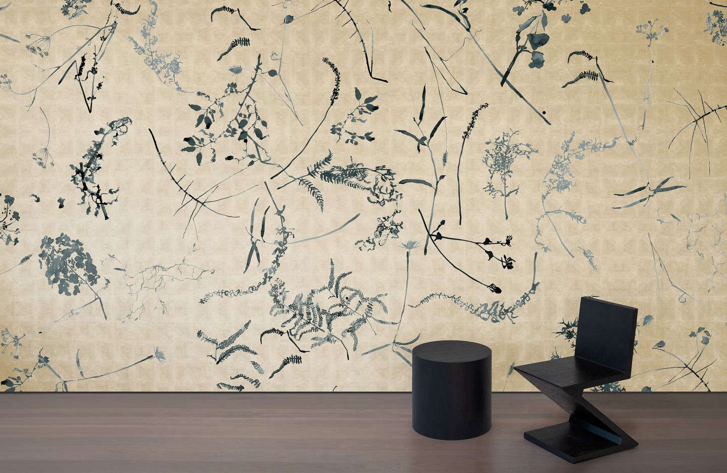 The printing process incorporated the use of hand-applied metal leaf. Pictured is the pattern in Honey.